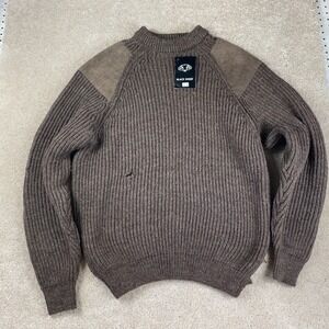 Black Sheep Pure Oiled Wool Sweater XL Brown Ribbed Suede Shoulder Elbow Patches